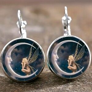 🧚‍♀️Fairy with Crescent Moon Dangle/clasp-back Silver-Tone Earrings